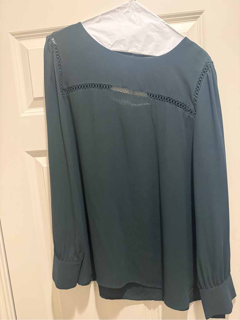 LOFT Green Long-Sleeve Blouse with Lace Yoke Detail